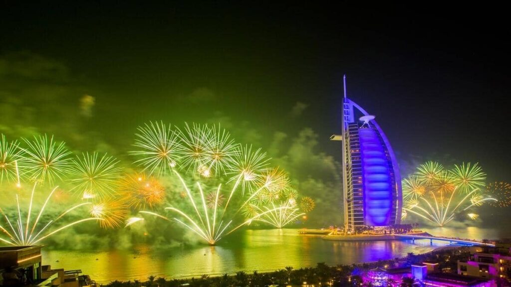 Take the Dubai Abra, Dubai Ferry, or Water Taxi to watch the NYE fireworks at the Burj Khalifa, Burj Al Arab, and The Palm 2023