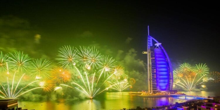 Take the Dubai Abra, Dubai Ferry, or Water Taxi to watch the NYE fireworks at the Burj Khalifa, Burj Al Arab, and The Palm 2023