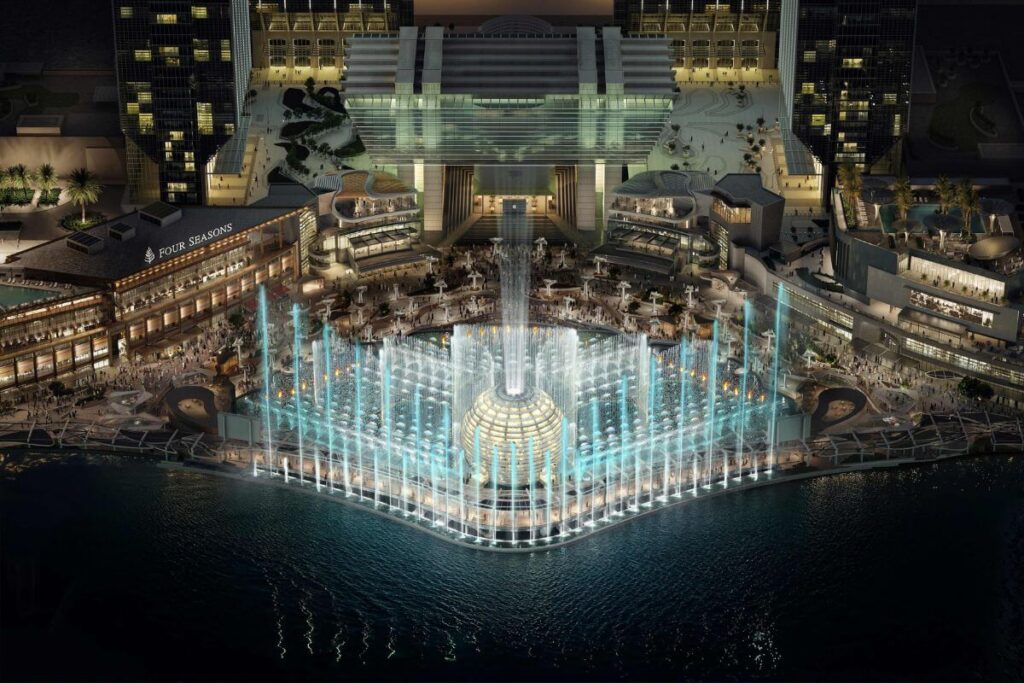 The Al Maryah Waterfront, Abu Dhabi's next destination, will feature a 30m tall sphere and 1000 AI-powered water jets