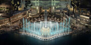 The Al Maryah Waterfront, Abu Dhabi's next destination, will feature a 30m tall sphere and 1000 AI-powered water jets